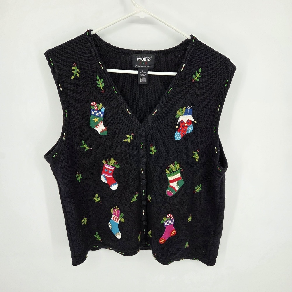 Vintage Studio Joy Black Christmas Sweater Vest Holiday‎ Embroidery Sz Large